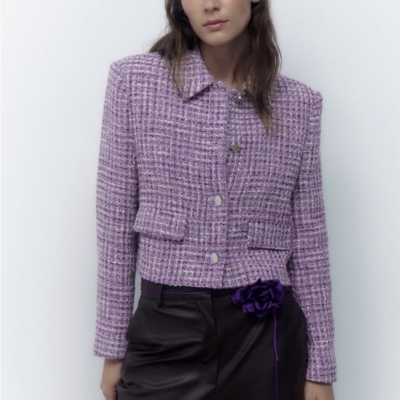 Zara, New, Purple Tweed Textured Fitted Preppy Cropped Blazer Jacket SZ Large - Picture 3 of 14